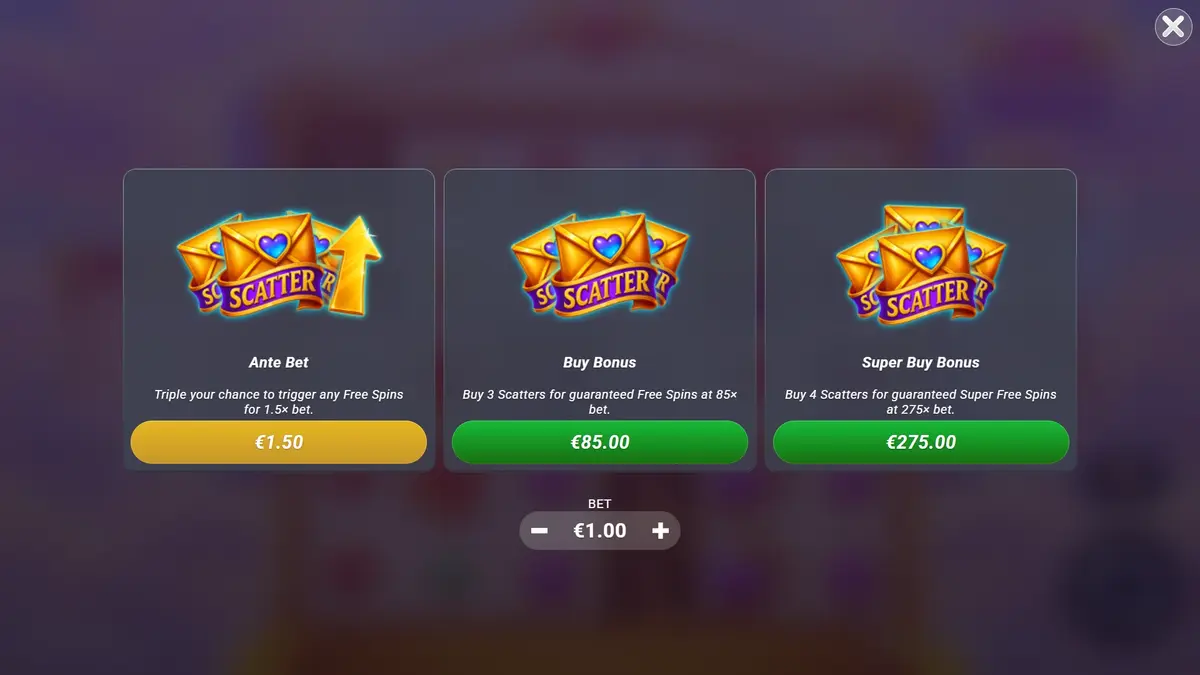 Cupid's Crush bonus menu — Wicked Boosters and Wicked Bonuses options