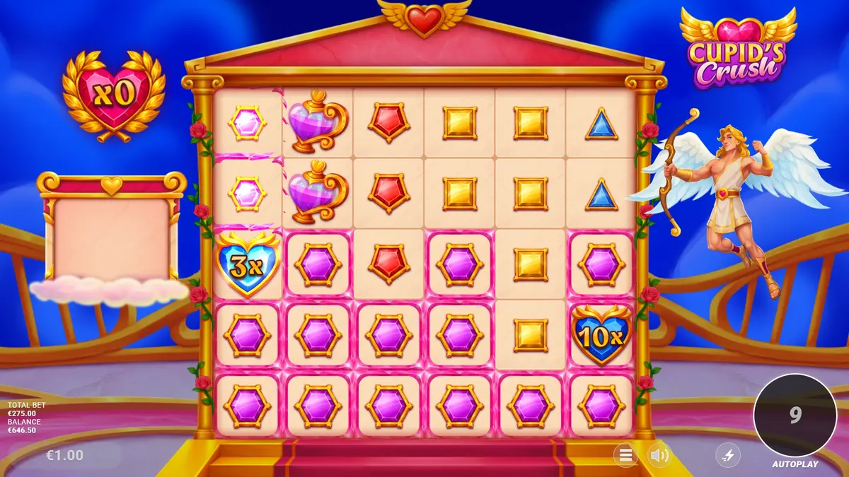 Cupid's Crush winning cluster with multiplier chips stacked on the board