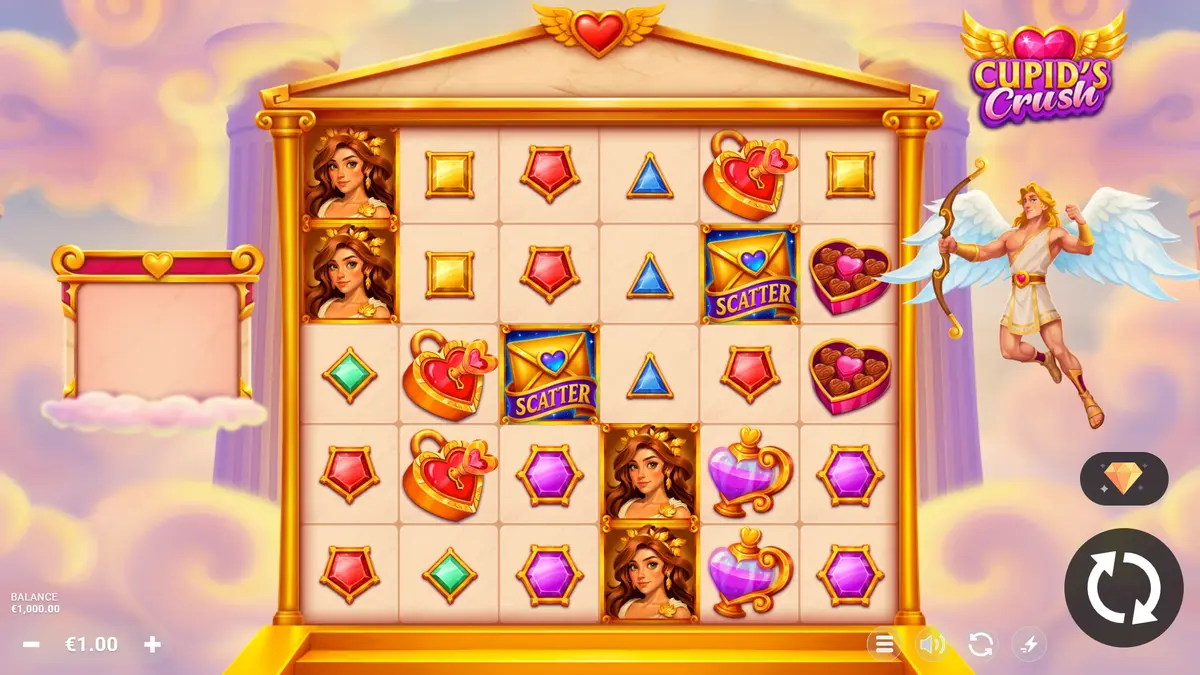 Cupid's Crush base reels showing the 5×6 grid with heart and cherub symbols