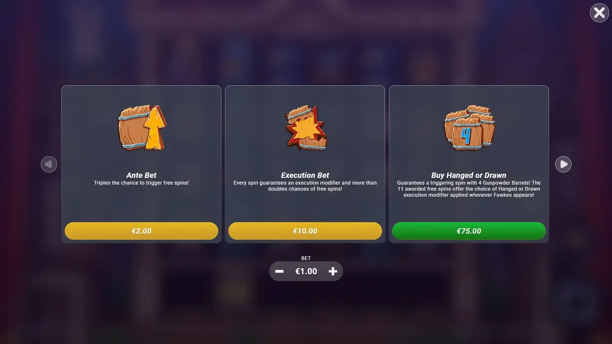 Fawkes buy menu — Ante Bet, Execution Bet, Buy Hanged or Drawn
