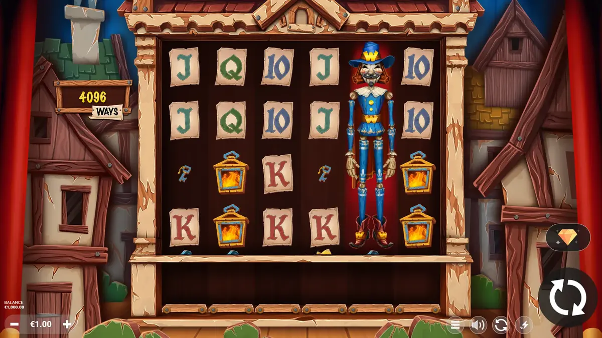 Fawkes base game reels — jester character, gunpowder lanterns, parchment royals, 4096 ways counter