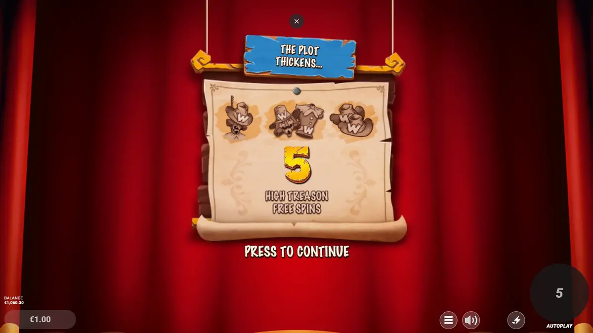 Fawkes High Treason Free Spins announcement screen — The Plot Thickens, 5 spins