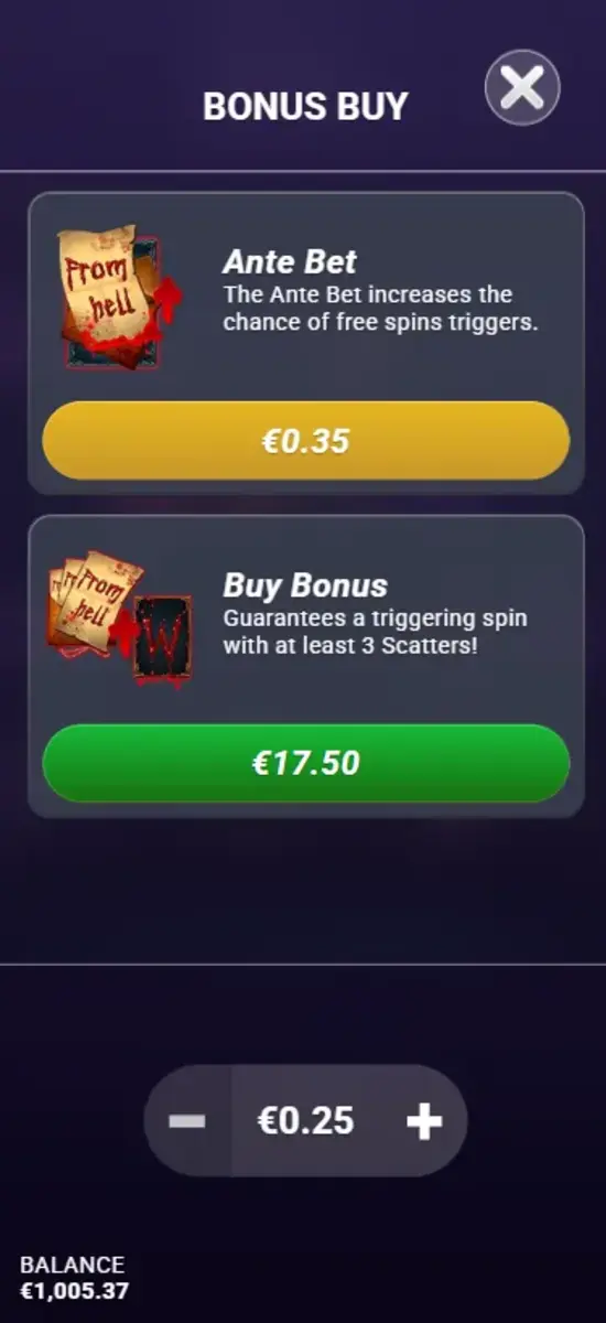 Jack — Ante Bet and Buy Bonus options on the side menu
