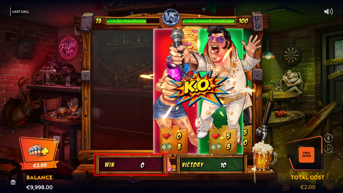 Last Call Bonus K.O. screen — versus battle with health bars and a giant K.O. burst