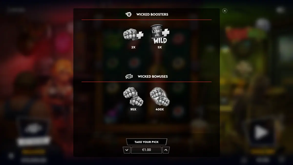 Last Call Wicked Boosters and Wicked Bonuses menu